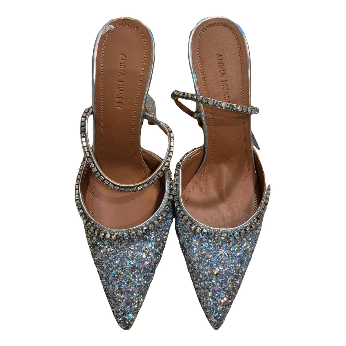 Pre-owned Amina Muaddi Glitter Sandals In Silver