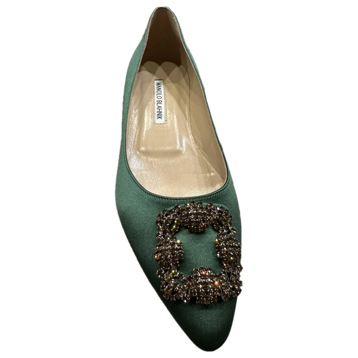 Pre-owned Manolo Blahnik Hangisi Leather Ballet Flats In Green