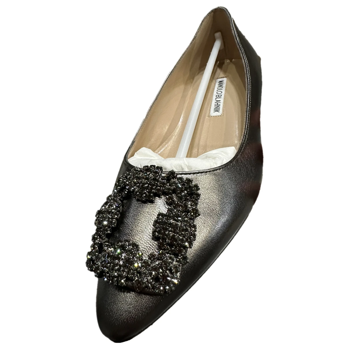 Pre-owned Manolo Blahnik Hangisi Leather Ballet Flats In Grey