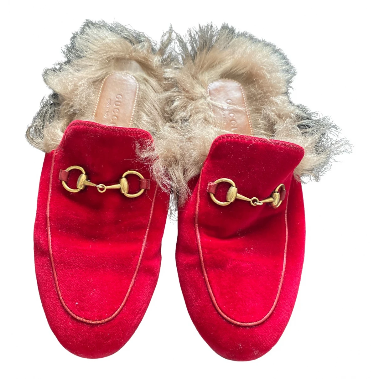 Pre-owned Gucci Princetown Shearling Mules In Red