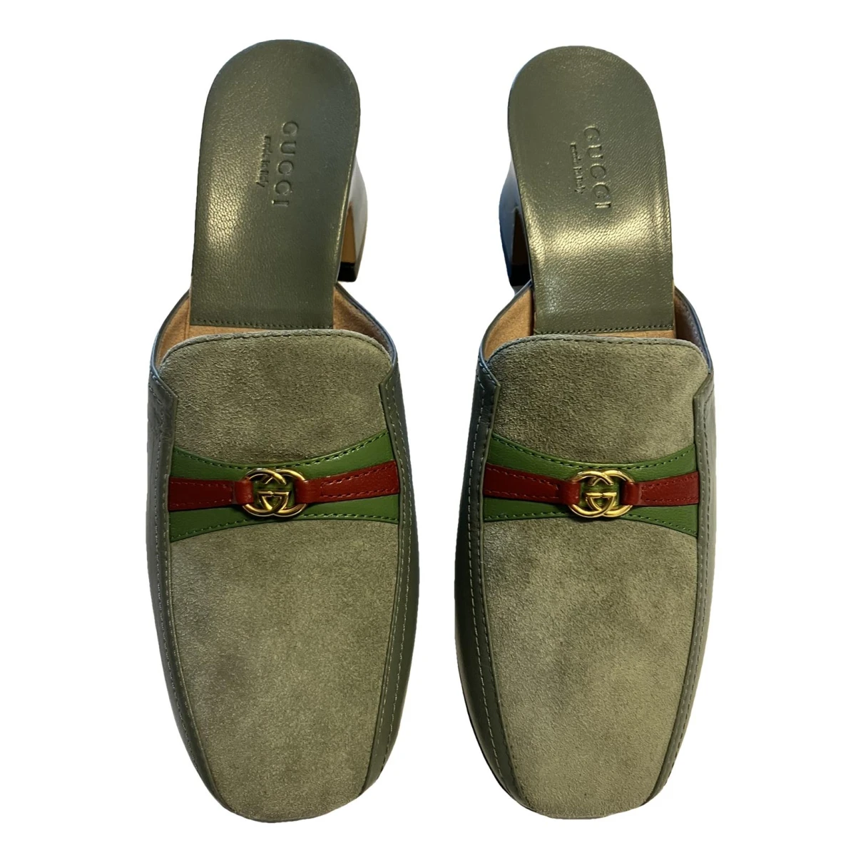 Pre-owned Gucci Double G Leather Mules In Grey