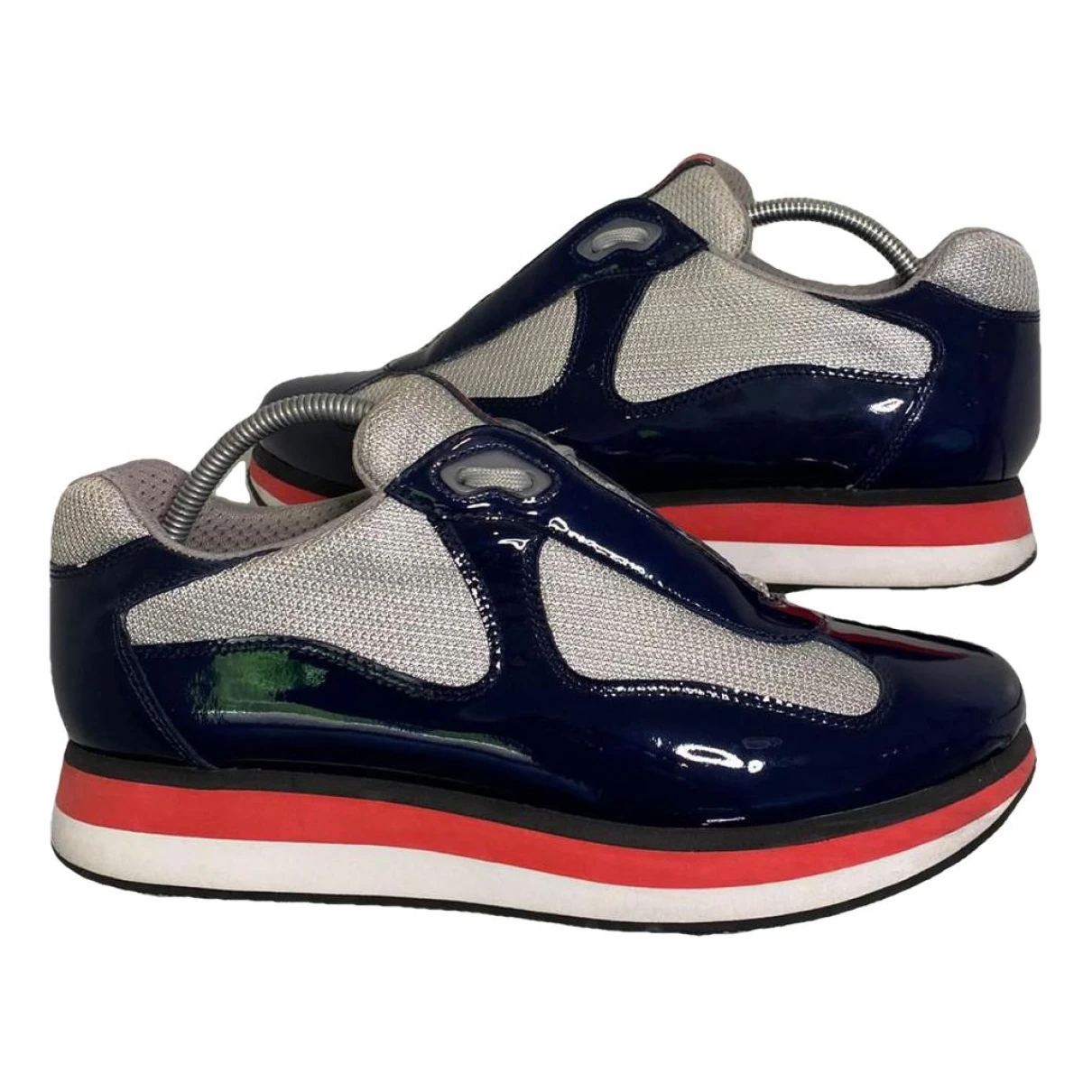 Pre-owned Prada Patent Leather Low Trainers In Navy