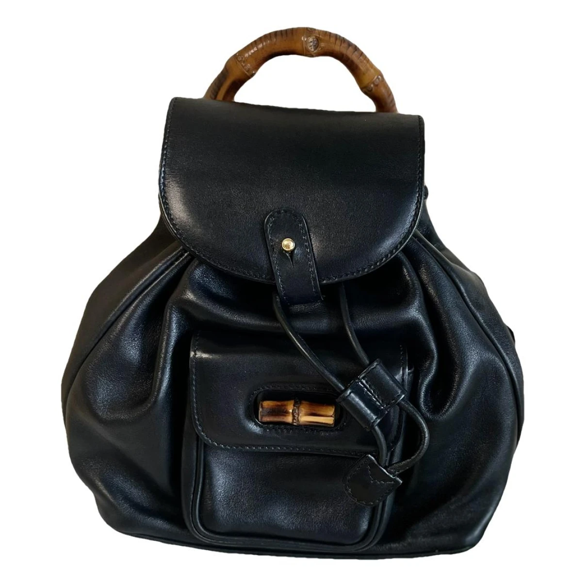 Pre-owned Gucci Bamboo Tassel Oval Leather Backpack In Black
