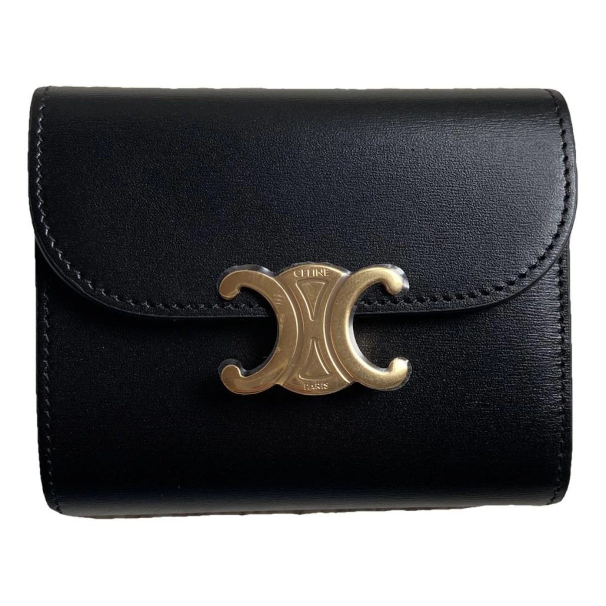 Pre-owned Celine Triomphe Leather Wallet In Black