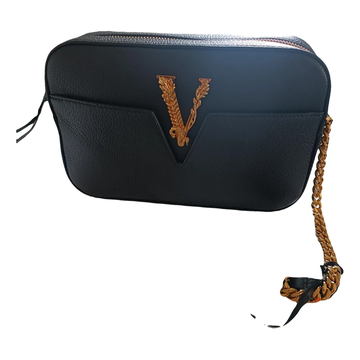 Pre-owned Versace Virtus Leather Handbag In Black