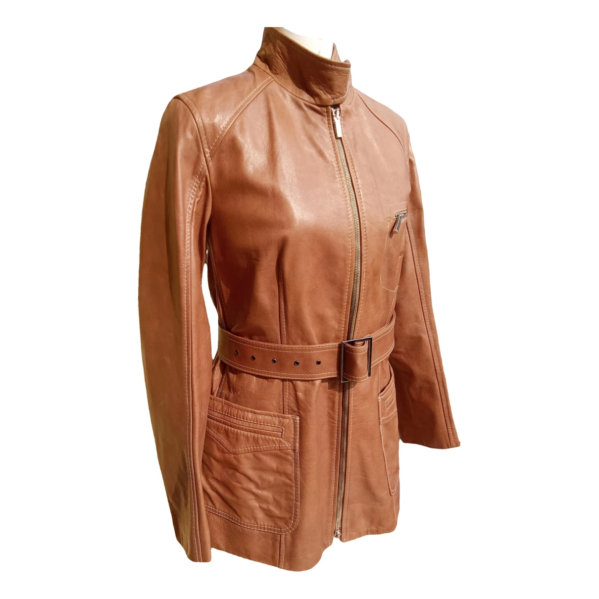 Pre-owned Max Mara Leather Biker Jacket In Camel