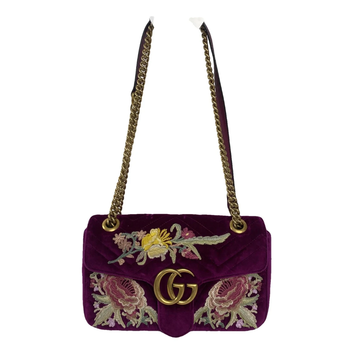 Pre-owned Gucci Gg Marmont Chain Flap Velvet Crossbody Bag In Purple