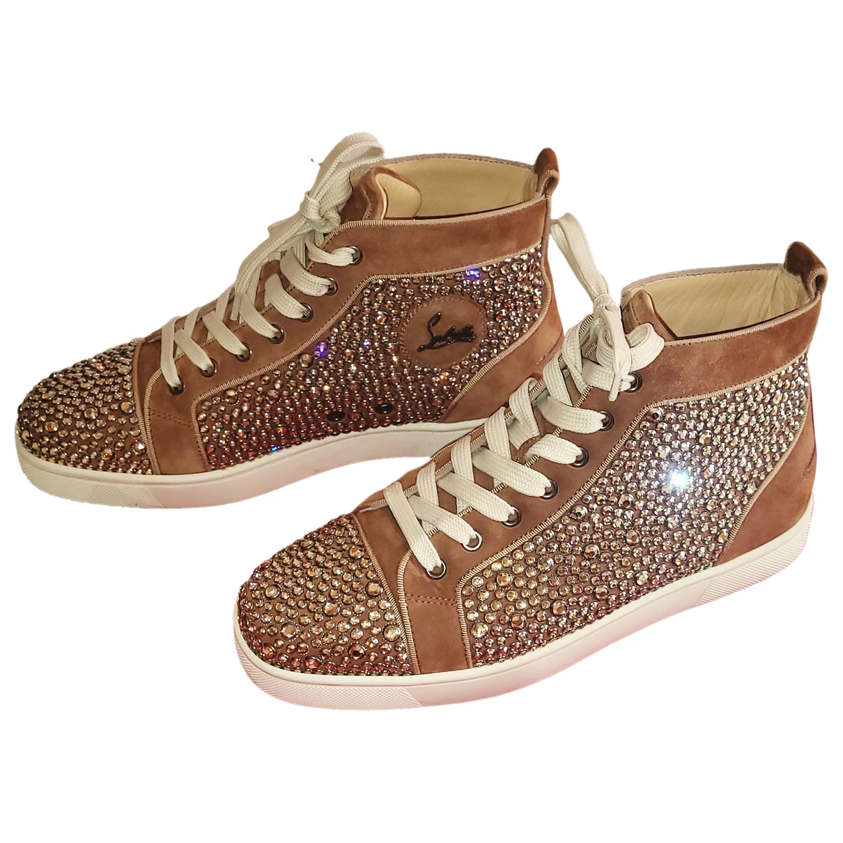 Pre-owned Christian Louboutin Lou Spikes Glitter Trainers In Gold