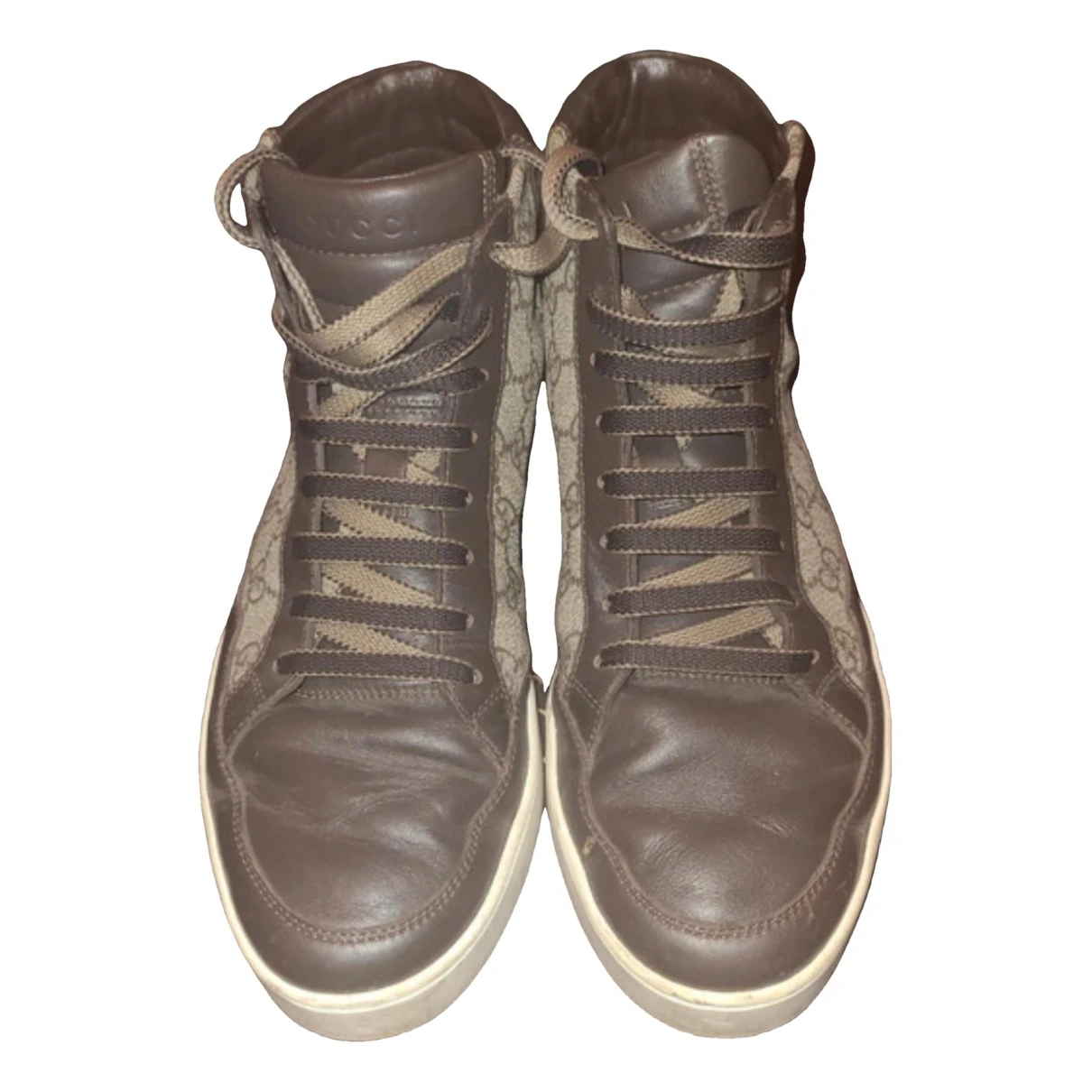 Pre-owned Gucci Web Leather High Trainers In Brown