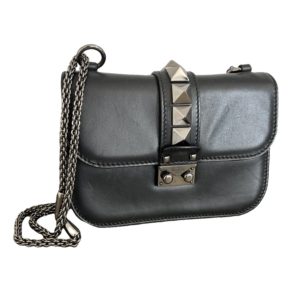 Pre-owned Valentino Garavani Glam Lock Leather Crossbody Bag In Black