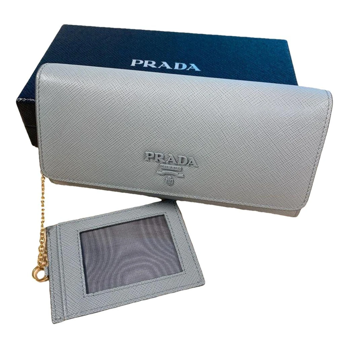 Pre-owned Prada Diagramme Leather Wallet In Grey