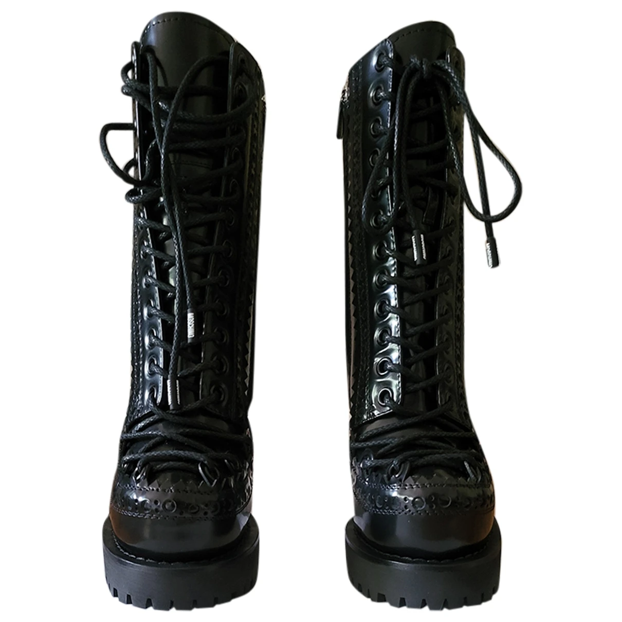 Pre-owned Moschino Pony-style Calfskin Lace Up Boots In Black