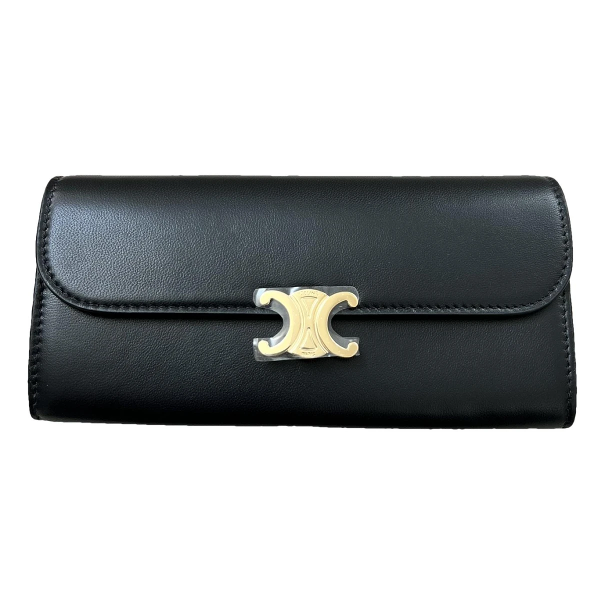 Pre-owned Celine Triomphe Leather Wallet In Black