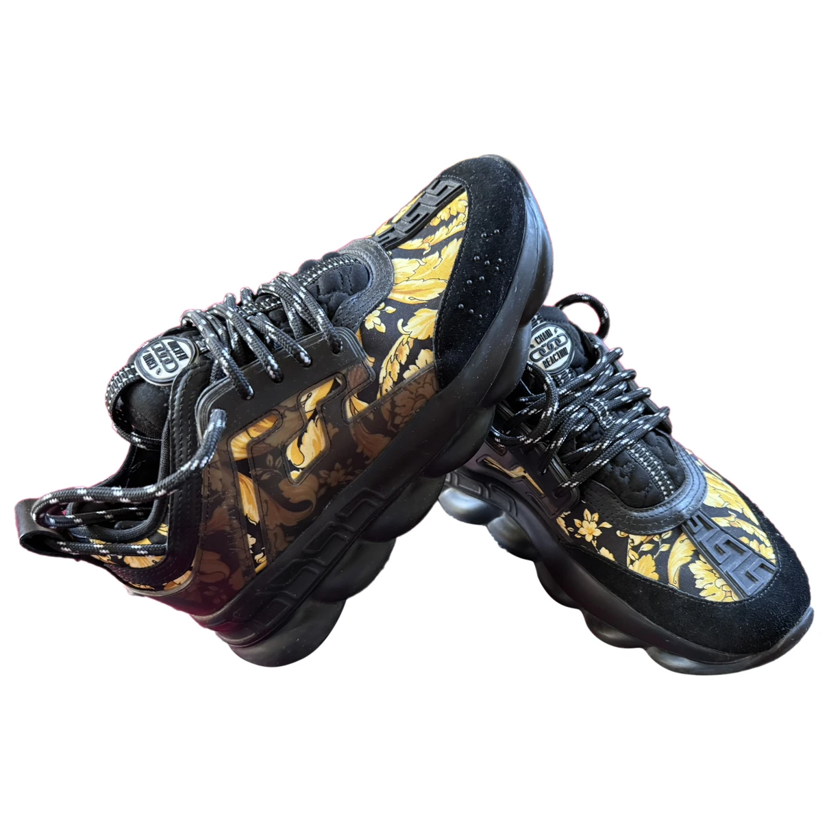 Pre-owned Versace Chain Reaction Leather High Trainers In Black