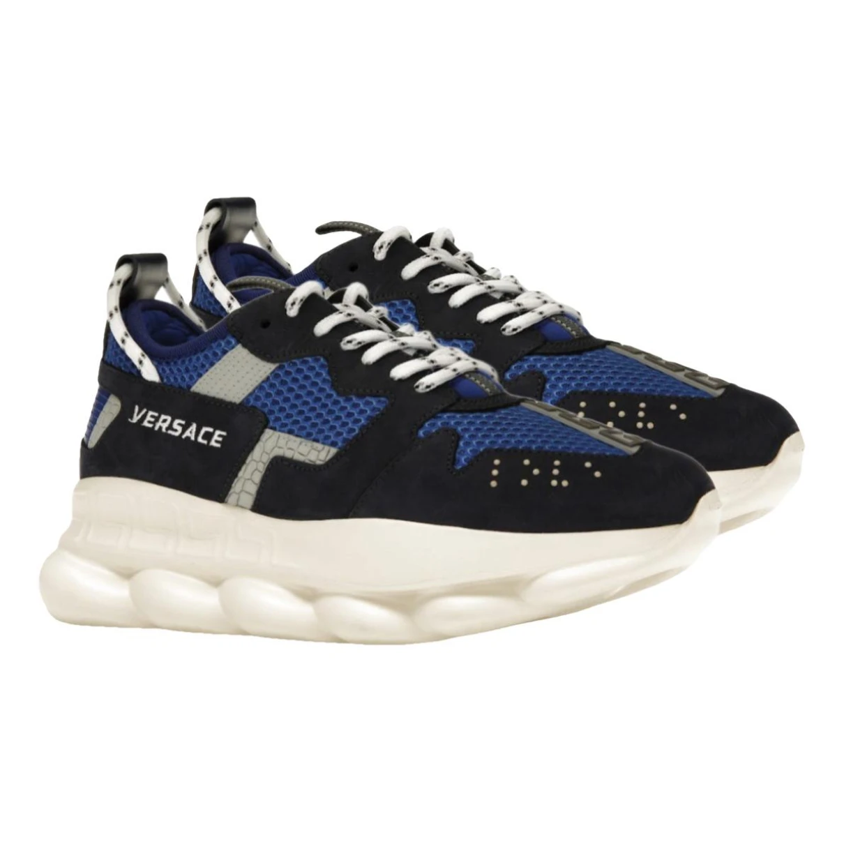 Pre-owned Versace Chain Reaction Leather Low Trainers In Blue