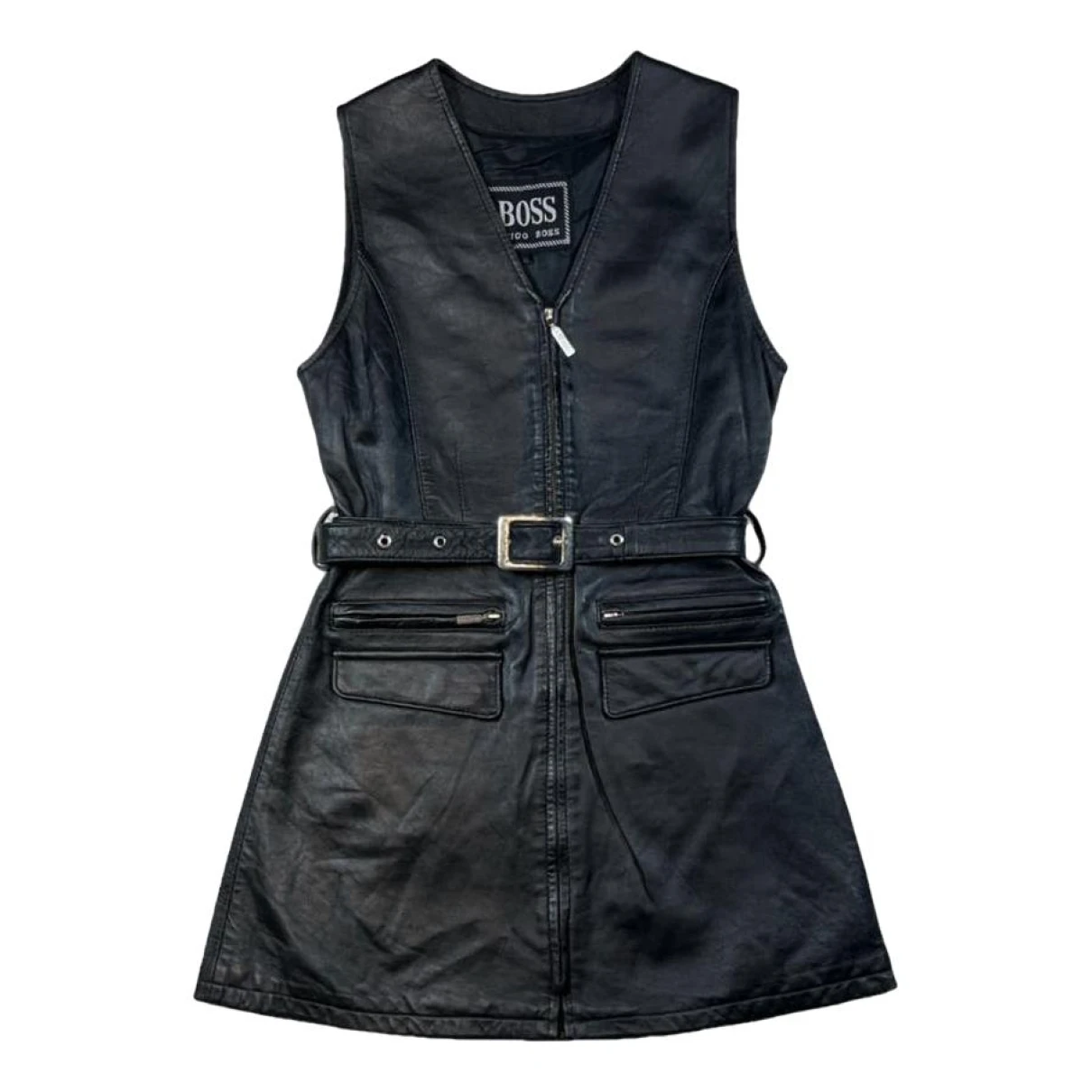 Pre-owned Hugo Boss Leather Mini Dress In Black