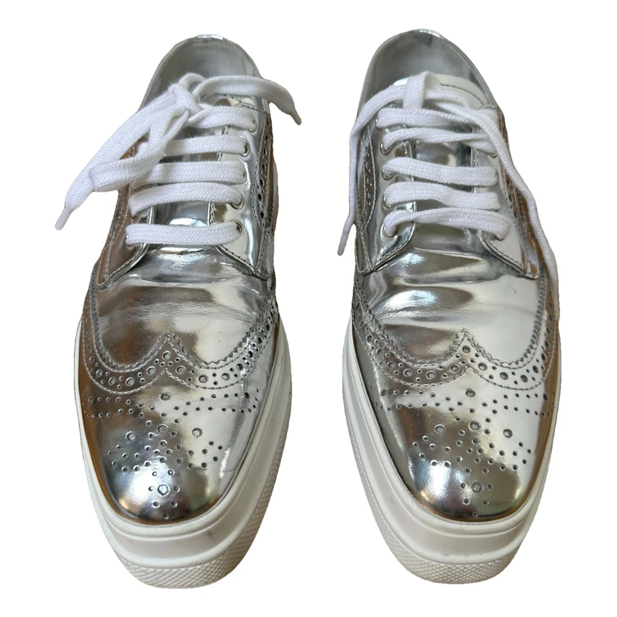 Pre-owned Prada Leather Trainers In Silver