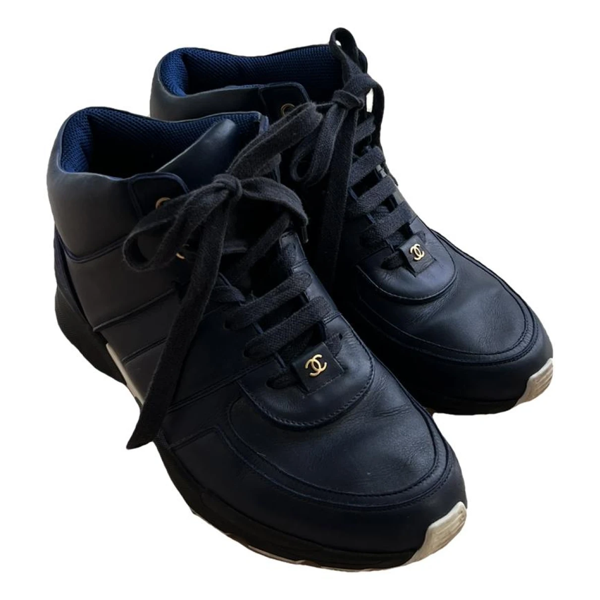 Pre-owned Chanel Leather High Trainers In Navy