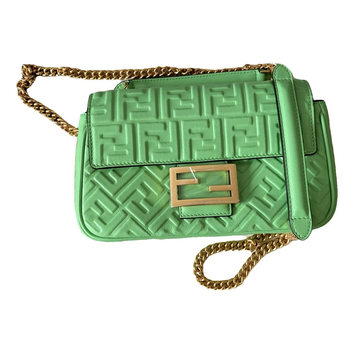 Pre-owned Fendi Baguette Chain Leather Handbag In Green