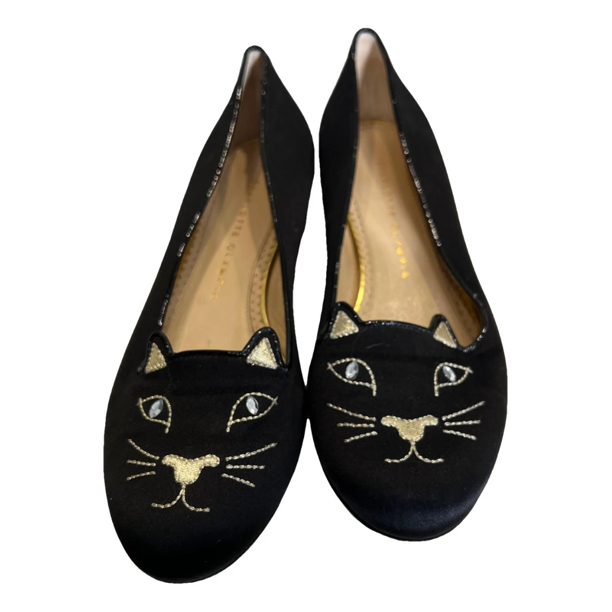 Pre-owned Charlotte Olympia Kitty Leather Ballet Flats In Black