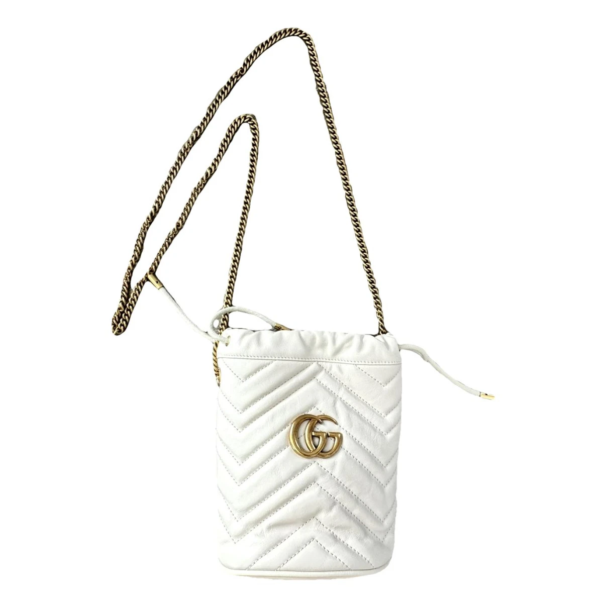Pre-owned Gucci Gg Marmont Chain Bucket Leather Bag In White