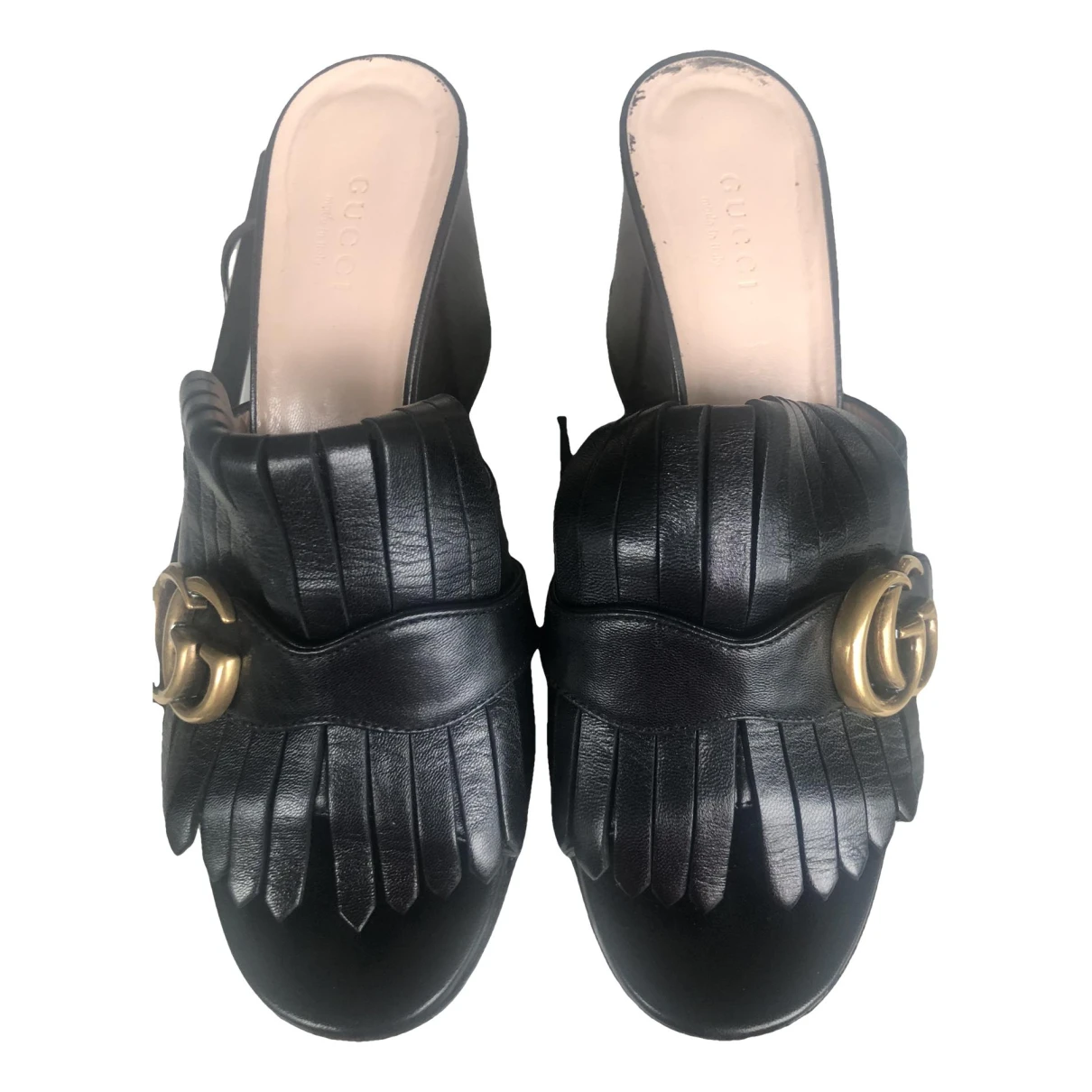 Pre-owned Gucci Marmont Leather Mules In Black