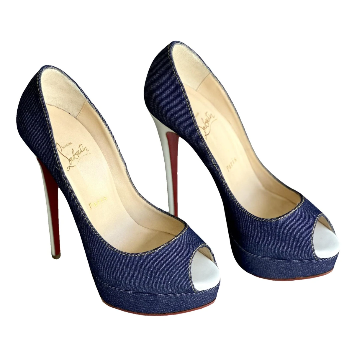 Pre-owned Christian Louboutin Lady Peep Cloth Heels In Blue