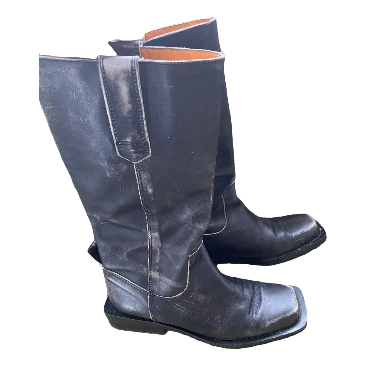 Pre-owned Ganni Leather Biker Boots In Grey