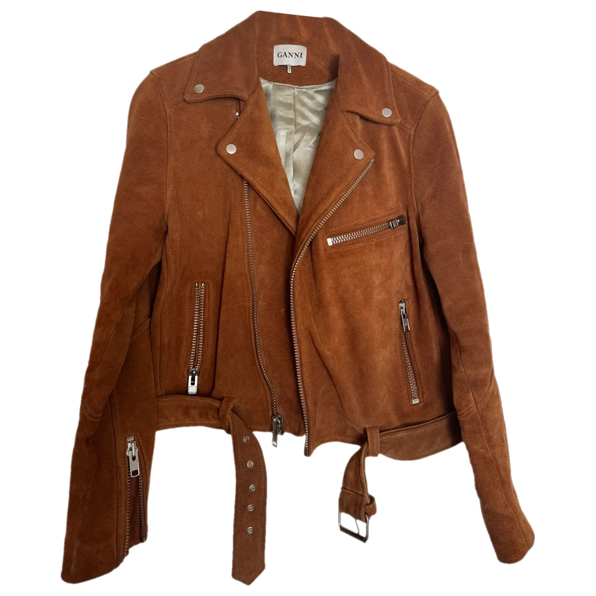Pre-owned Ganni Leather Biker Jacket In Brown