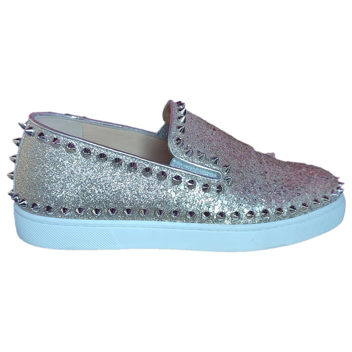 Pre-owned Christian Louboutin Pik Boat Glitter Trainers In Silver