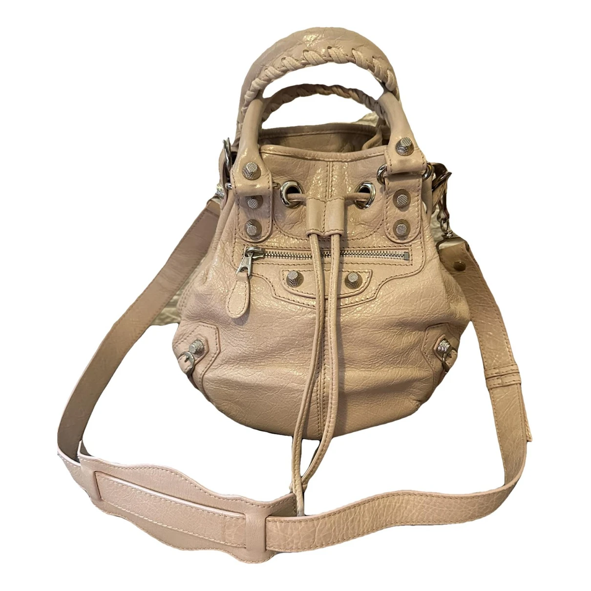 Pre-owned Balenciaga Pompon Leather Crossbody Bag In Beige