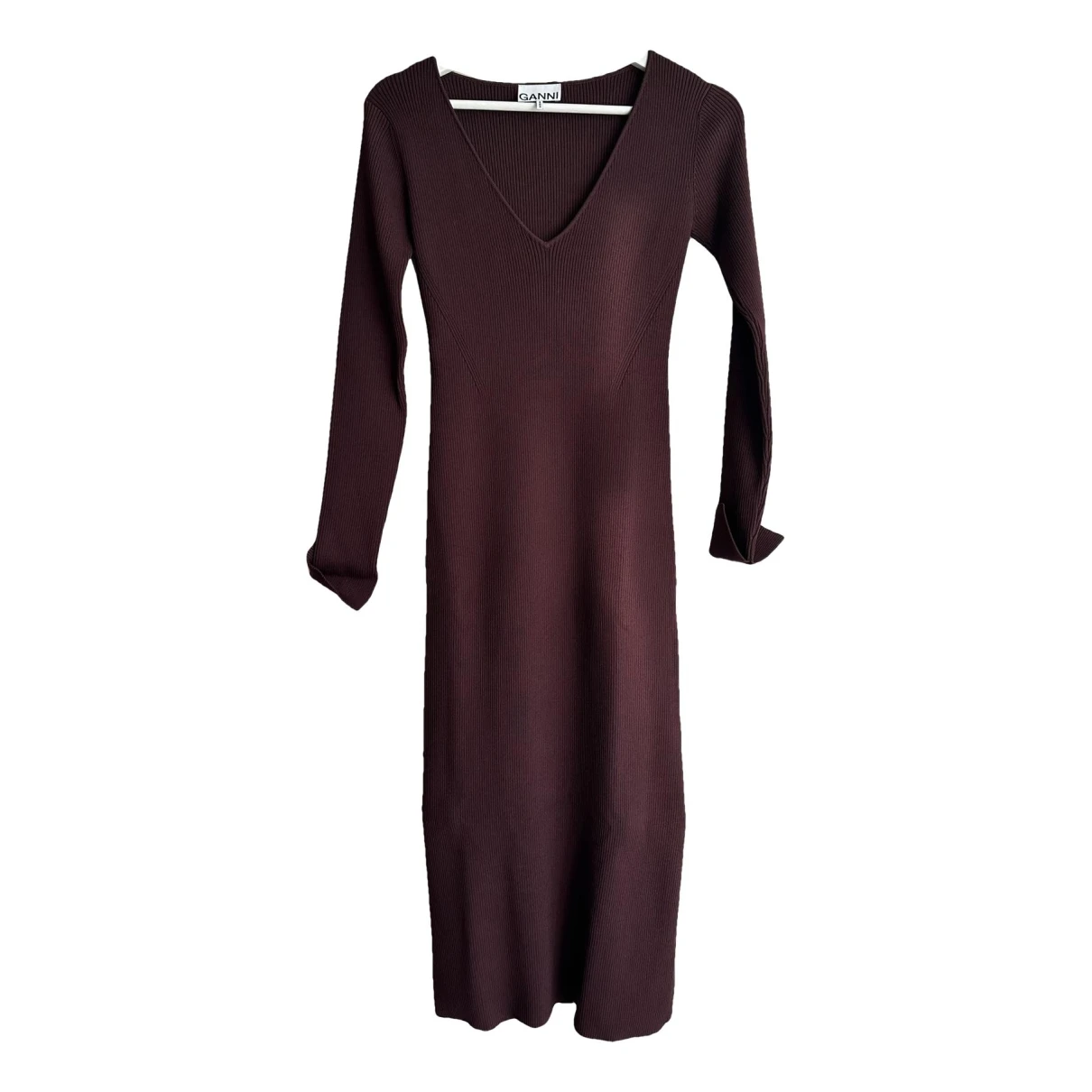 Pre-owned Ganni Wool Mid-length Dress In Burgundy