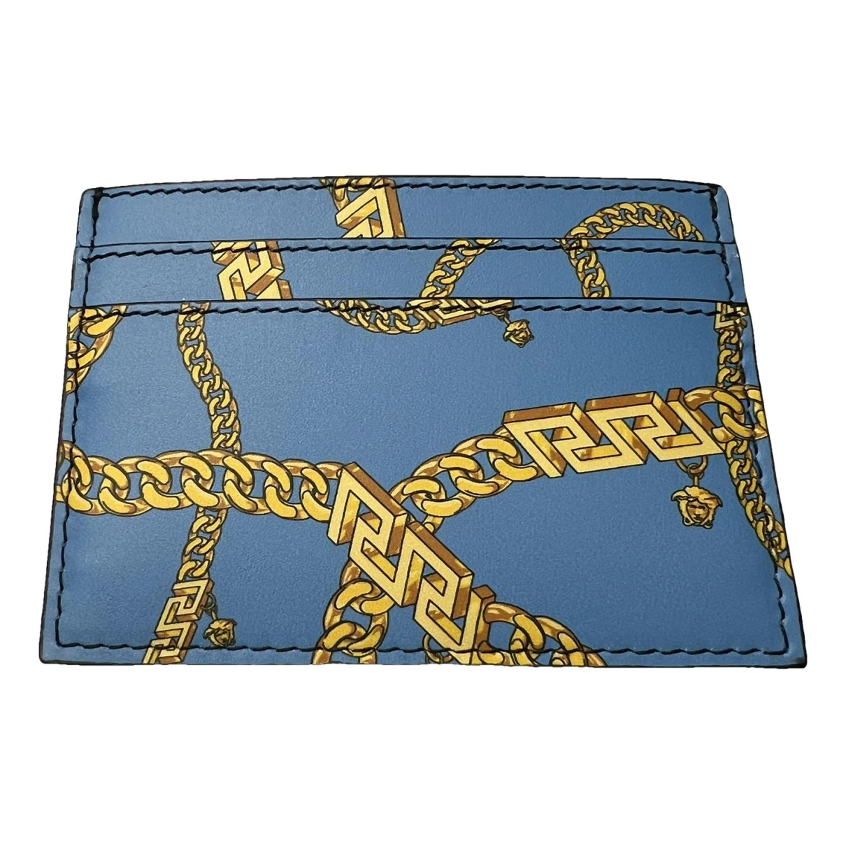 Pre-owned Versace La Medusa Leather Card Wallet In Gold