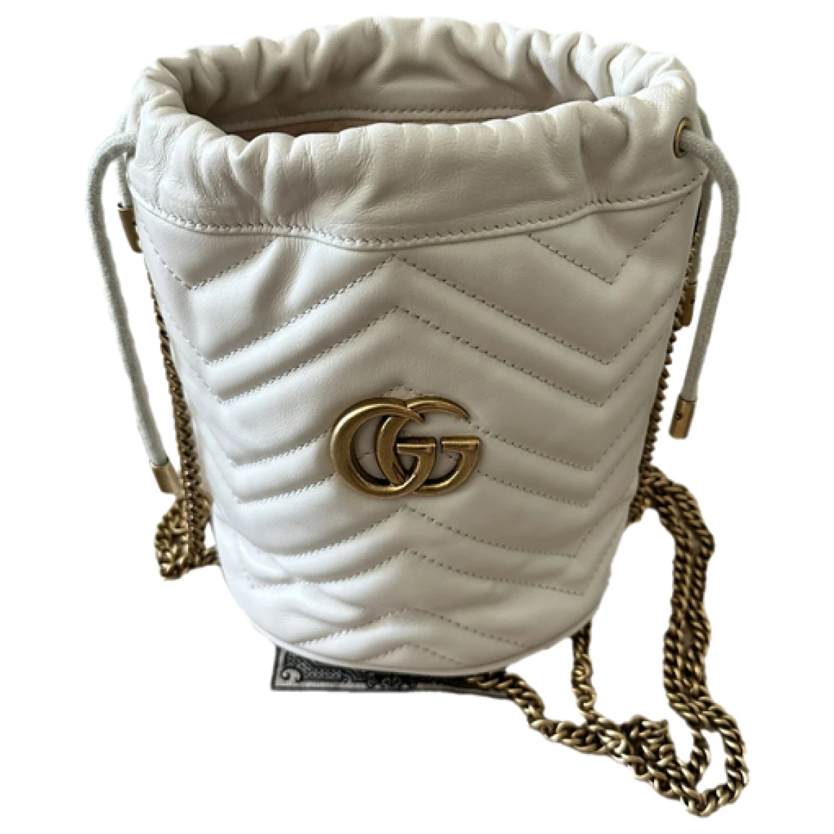 Pre-owned Gucci Gg Marmont Chain Bucket Leather Crossbody Bag In White