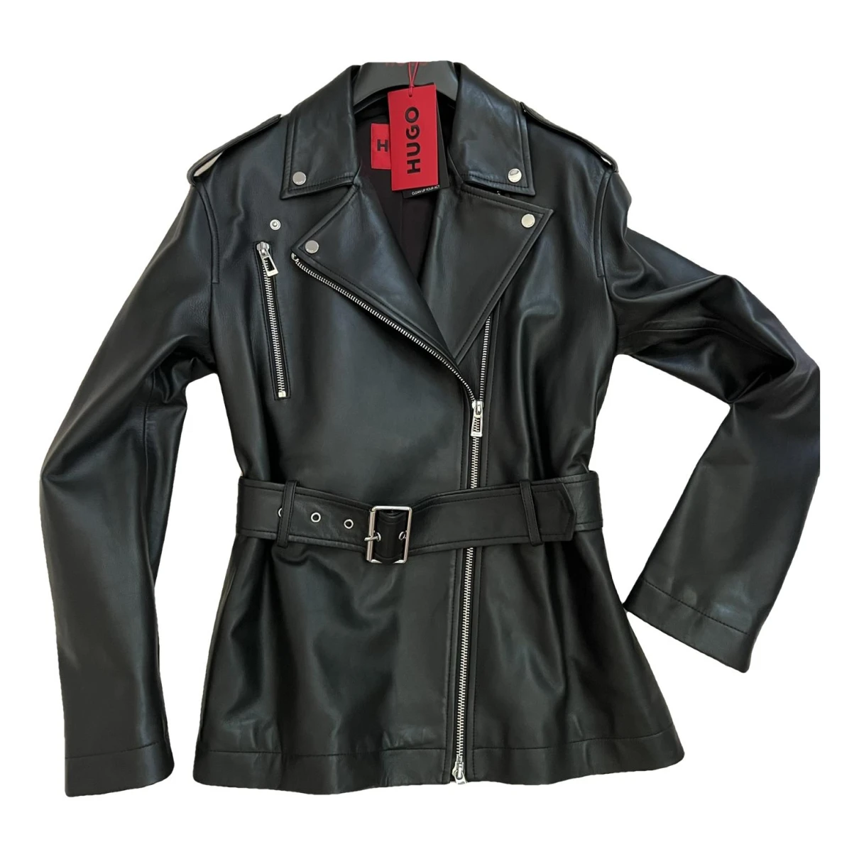 Pre-owned Hugo Boss Leather Biker Jacket In Black