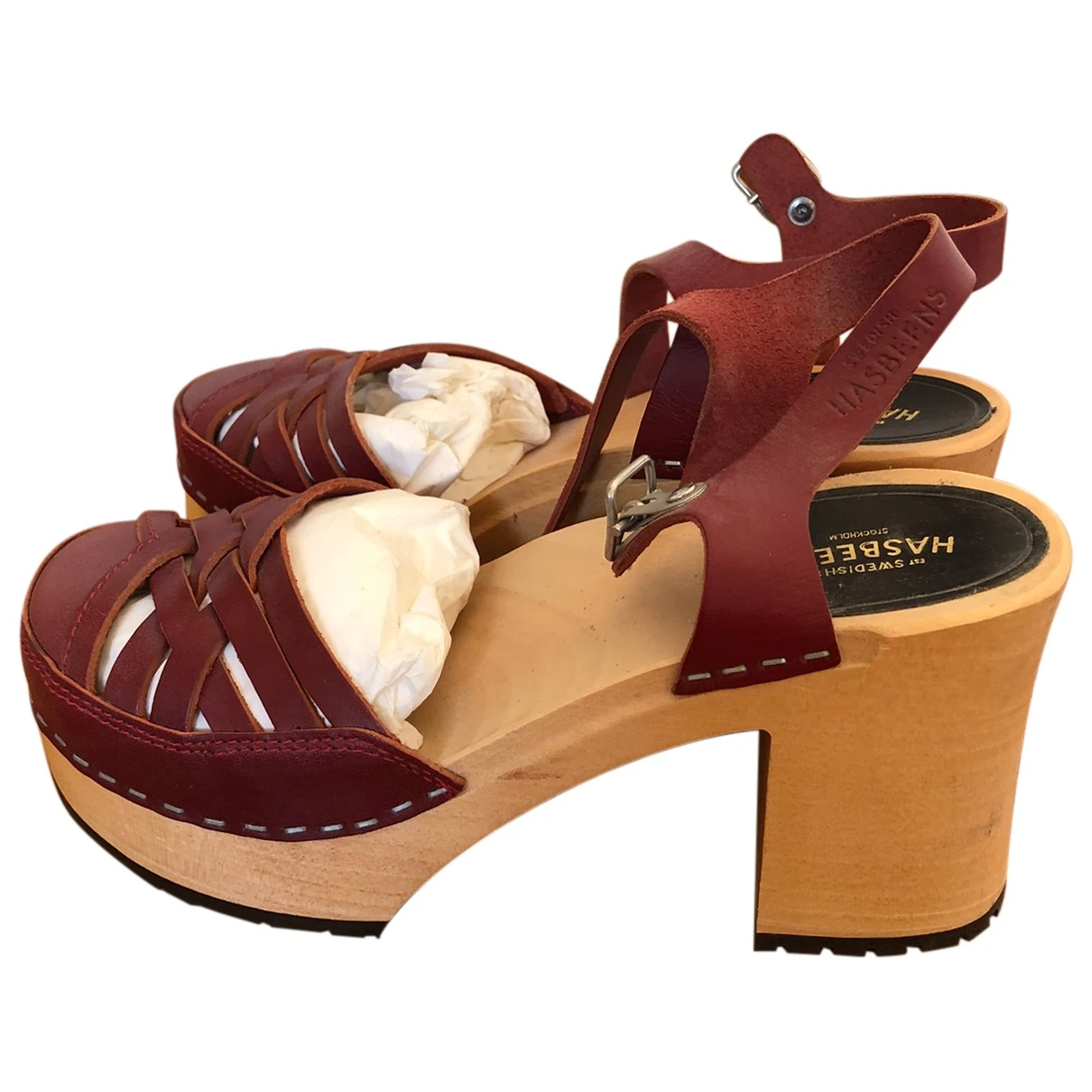 Pre-owned Swedish Hasbeens Leather Sandals In Burgundy