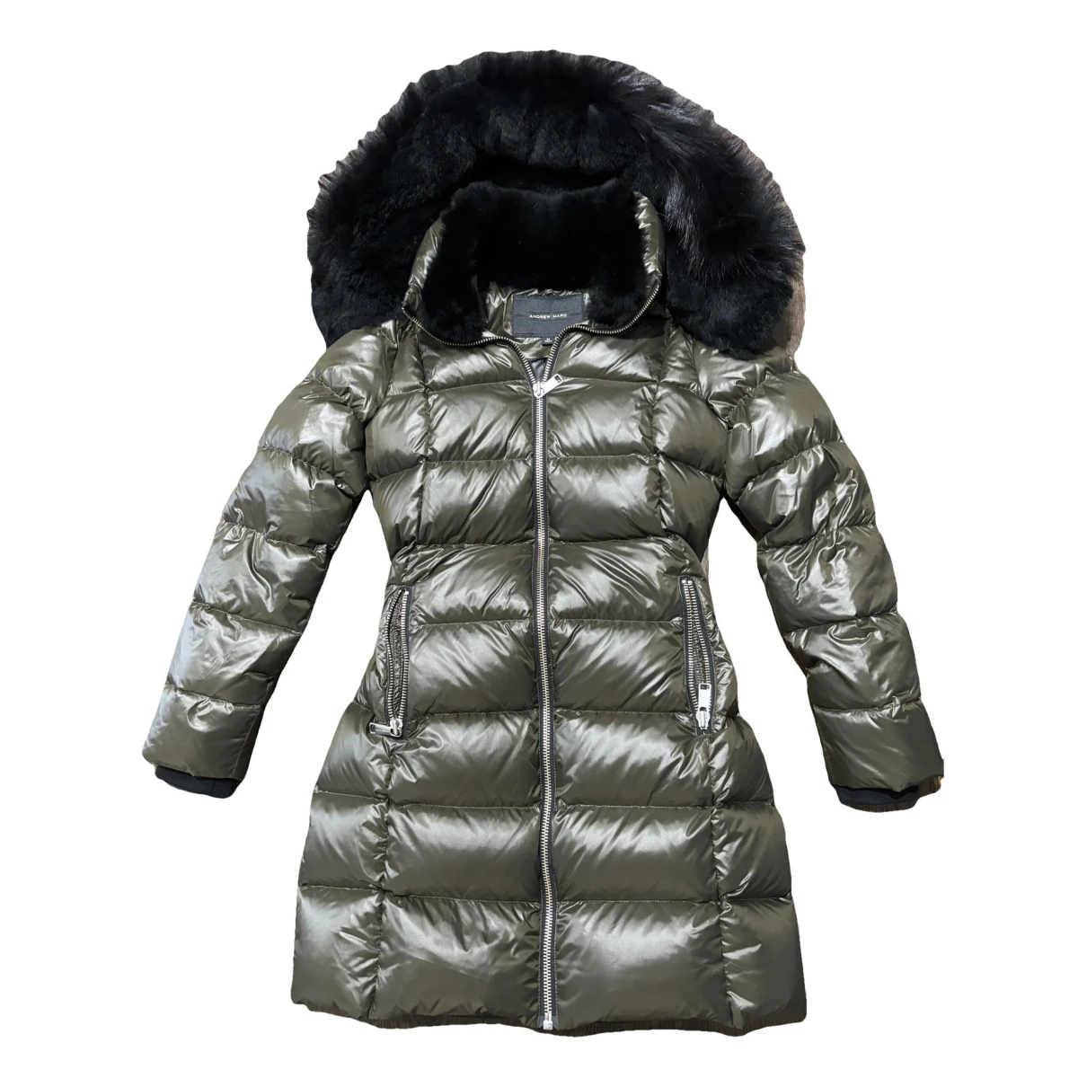 Pre-owned Andrew Marc Fox Puffer In Khaki