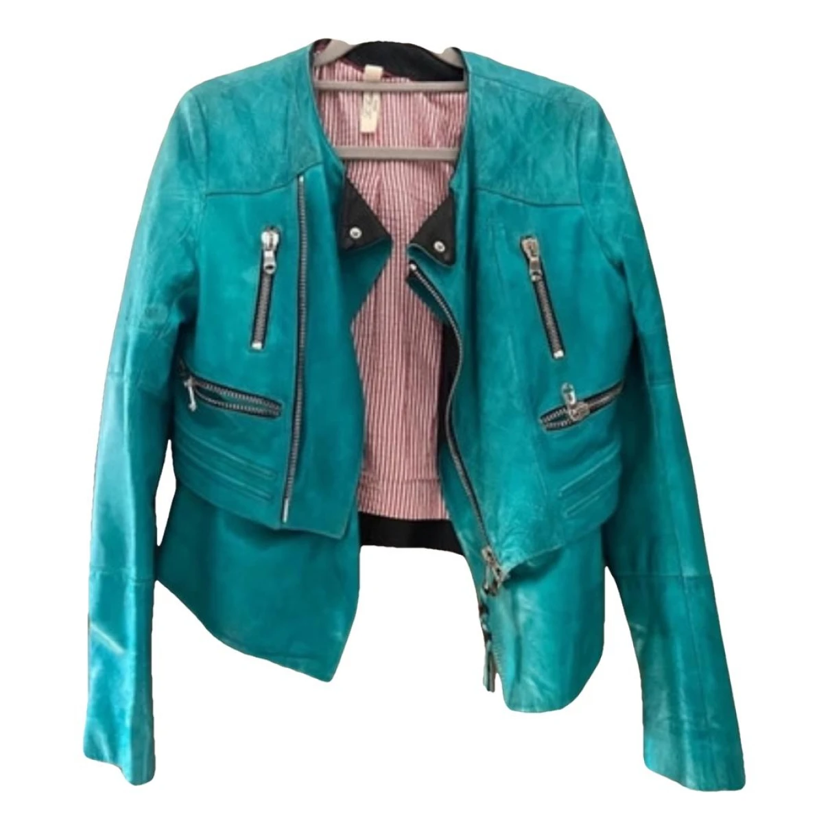 Pre-owned Le Sentier Leather Jacket In Turquoise