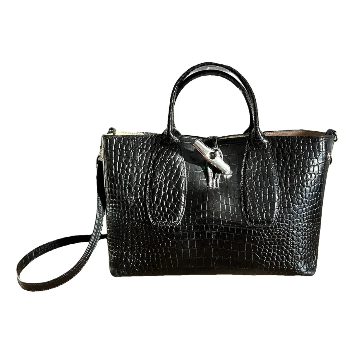 Pre-owned Longchamp Roseau Leather Handbag In Black