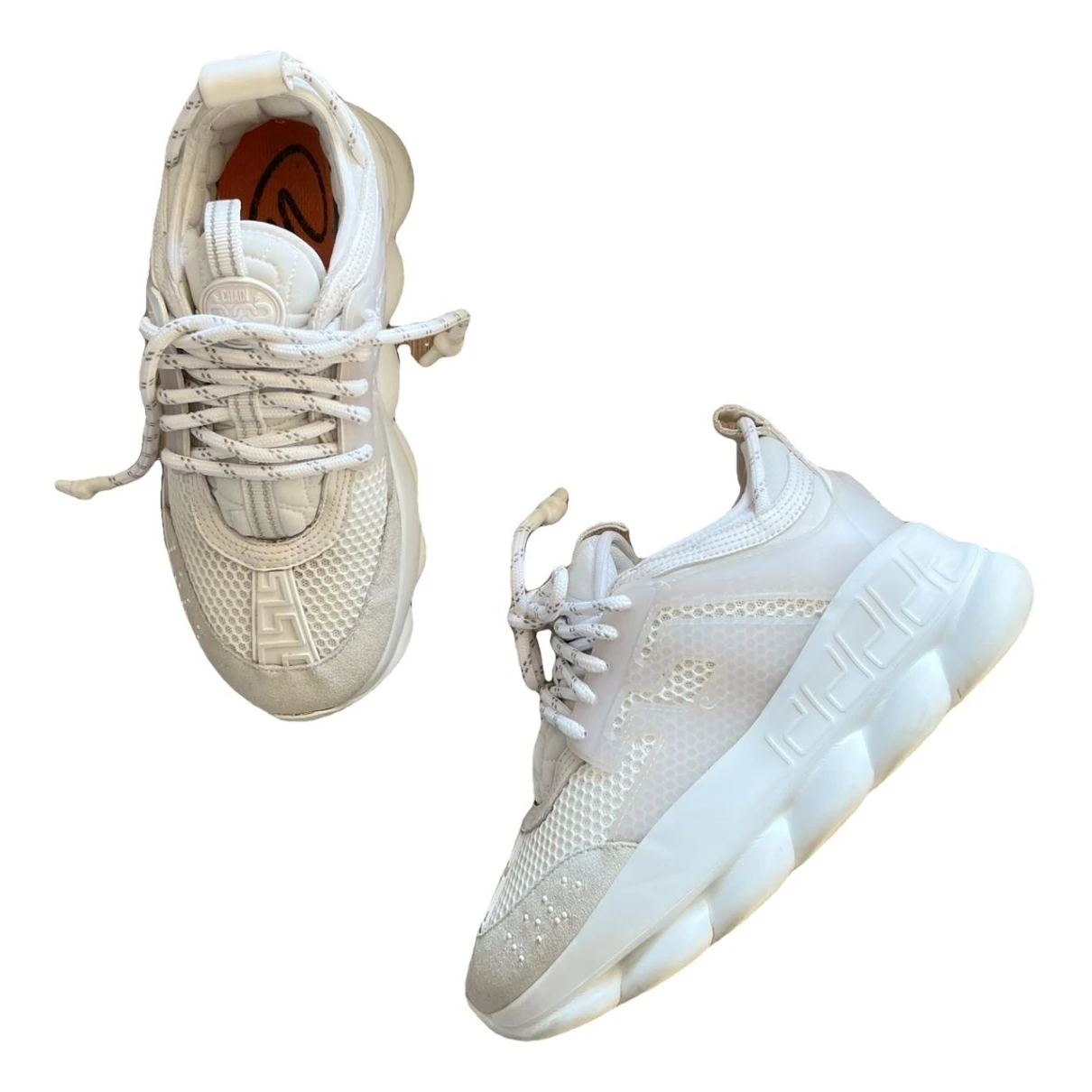 Pre-owned Versace Chain Reaction Leather Trainers In White