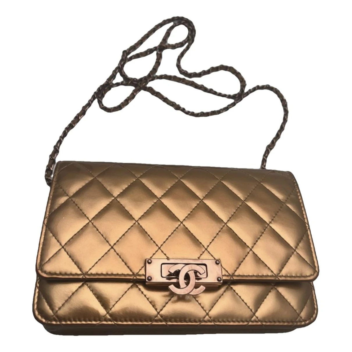 Pre-owned Chanel Trendy Cc Wallet On Chain Patent Leather Handbag In Gold