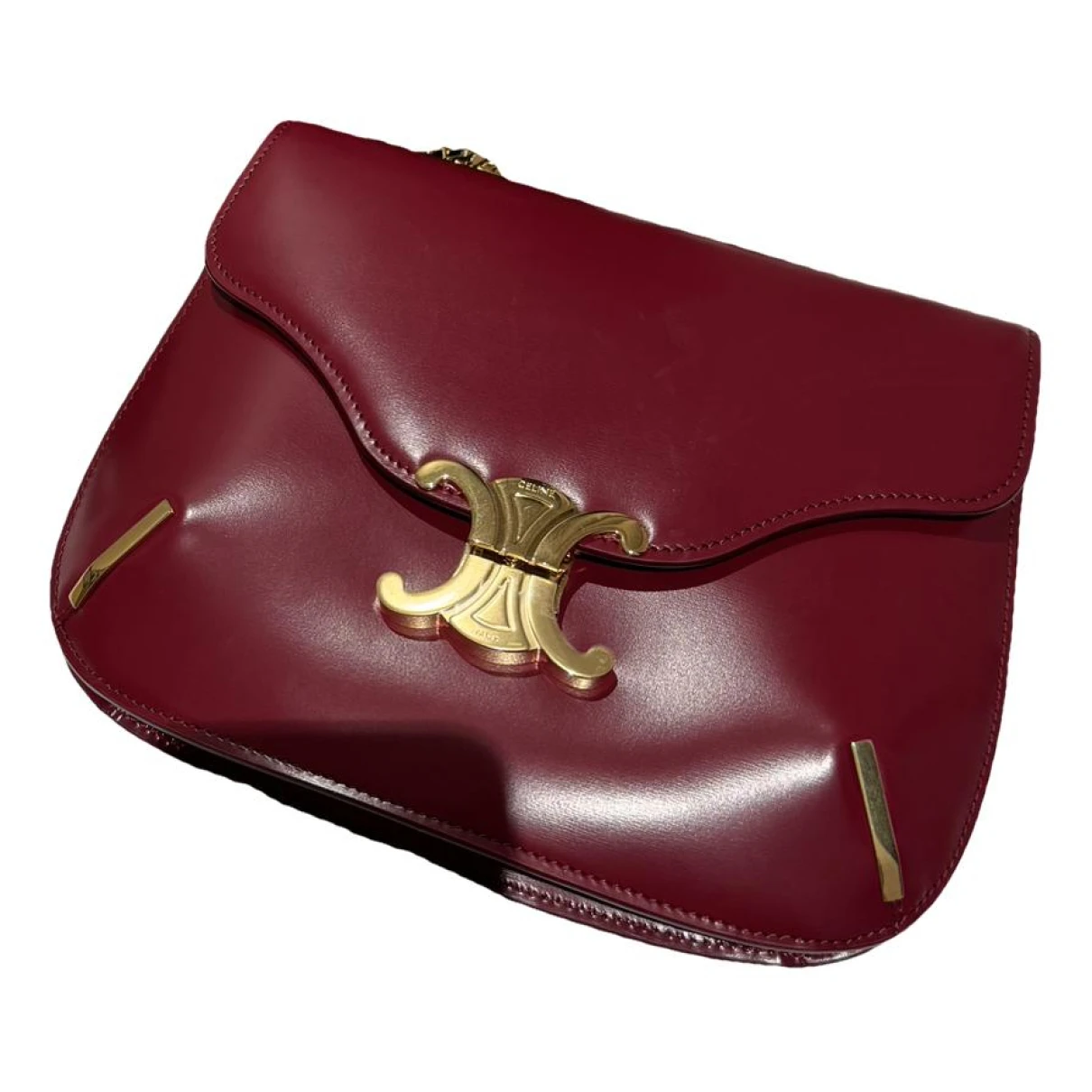 Pre-owned Celine Triomphe Chain Leather Crossbody Bag In Burgundy