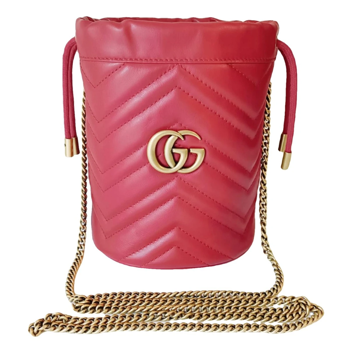 Pre-owned Gucci Gg Marmont Chain Bucket Leather Handbag In Red