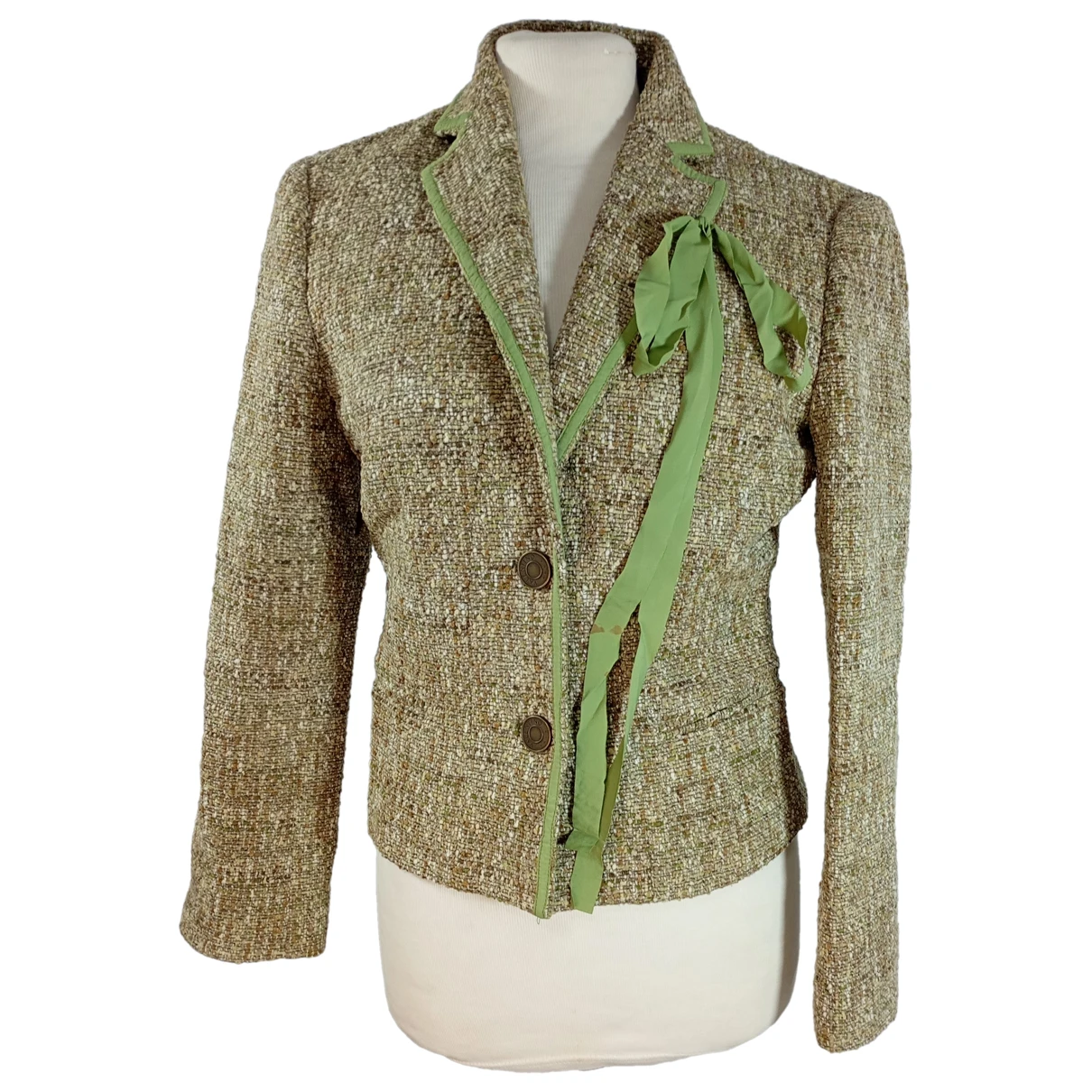 Pre-owned Valentino Tweed Short Vest In Green
