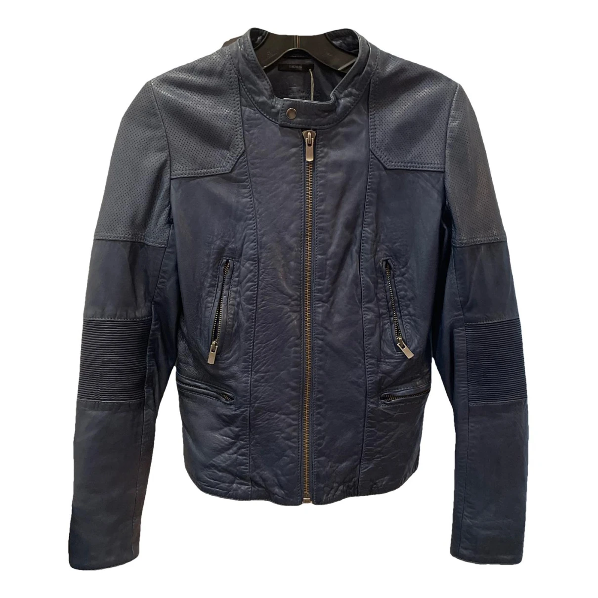 Pre-owned Ikks Leather Biker Jacket In Blue