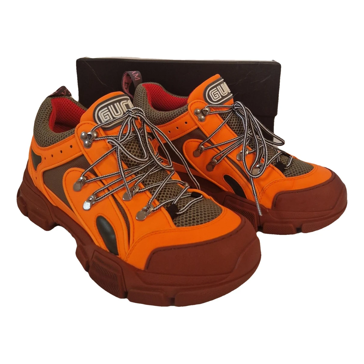 Pre-owned Gucci Flashtrek Leather High Trainers In Orange
