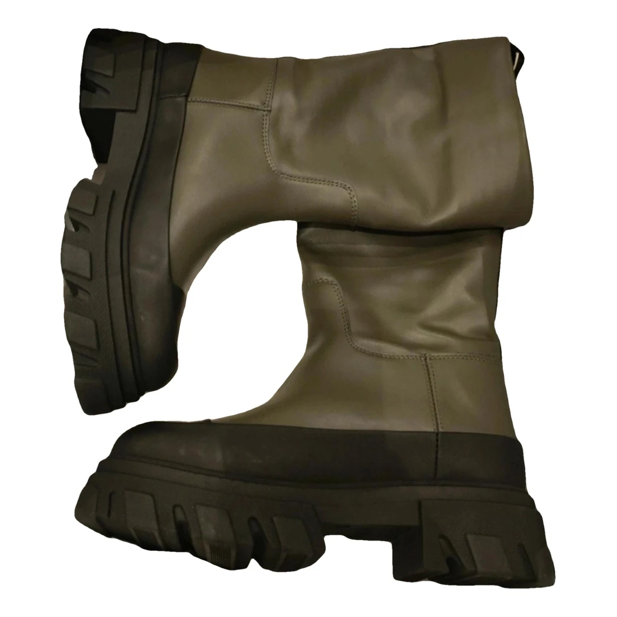 Pre-owned Ganni Leather Boots In Khaki