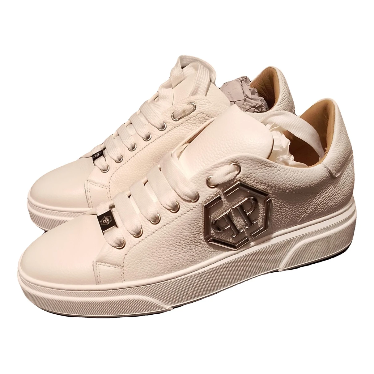 Pre-owned Philipp Plein Original Leather Low Trainers In White