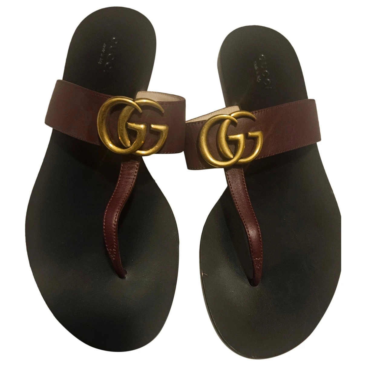 Pre-owned Gucci Double G Leather Sandal In Burgundy