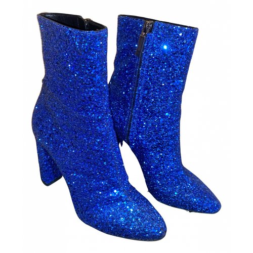 Pre-owned Saint Laurent Lou Glitter Ankle Boots In Blue